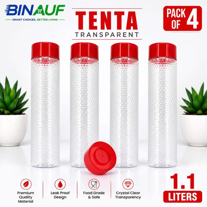 TENTA 1.1L Transparent Fridge Water Bottle Bundle | 1100ml BPA-Free PET Plastic Refrigerator Jugs
