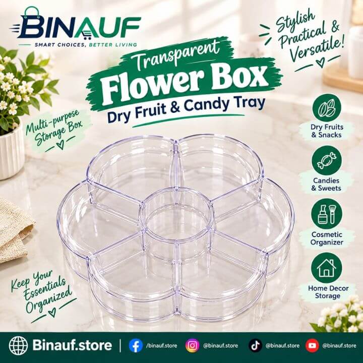 A clear plastic multi-compartment flower-shaped organizer tray, labeled as a 'Transparent Flower Box Dry Fruit & Candy Tray' by Binauf, shown on a marble countertop with decorative elements and text overlays.