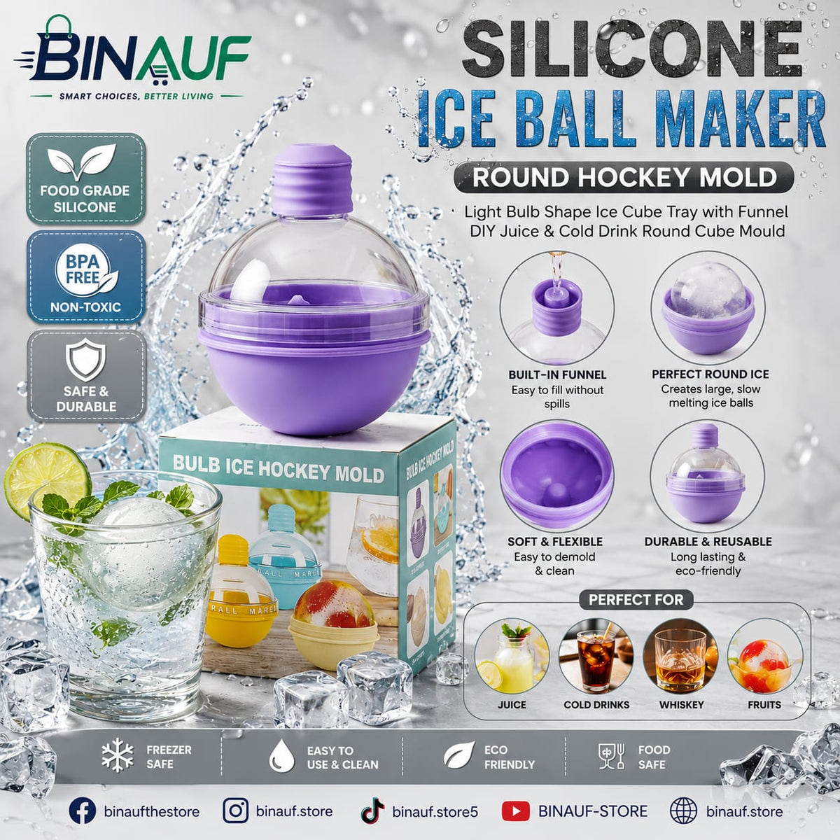 Silicone Ice Ball Maker | Light Bulb Shape Round Ice Cube Tray with Funnel