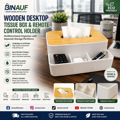 Wooden Desktop Tissue Box & Remote Control Holder | Multifunctional Organizer
