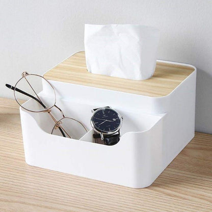 Wooden Desktop Tissue Box & Remote Control Holder | Multifunctional Organizer