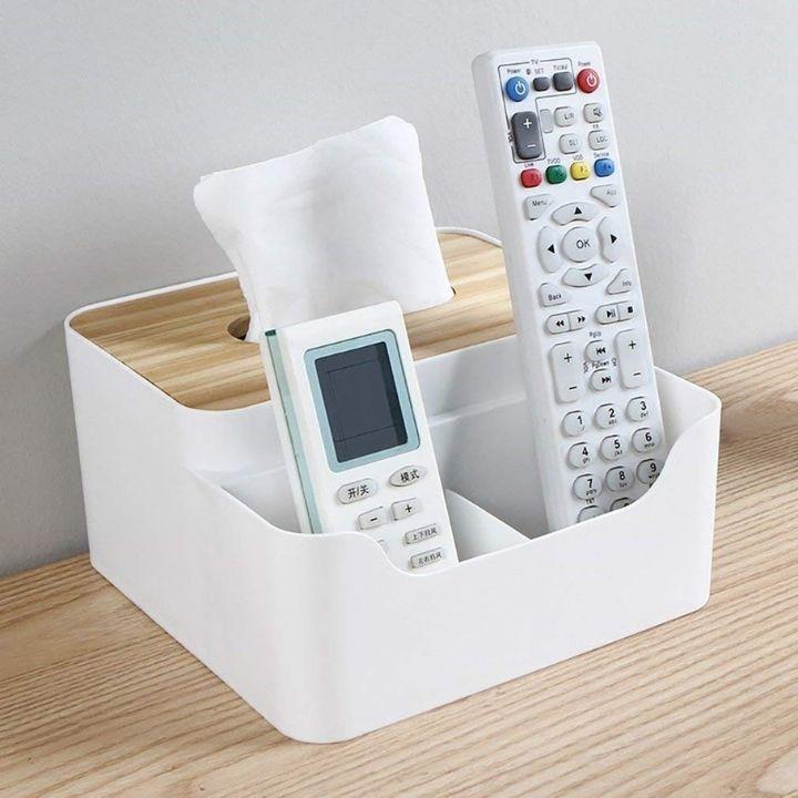 Wooden Desktop Tissue Box & Remote Control Holder | Multifunctional Organizer
