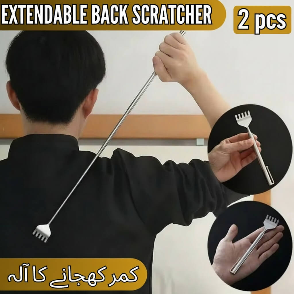 Extendable back scratcher with two pieces shown, one being used by a person.