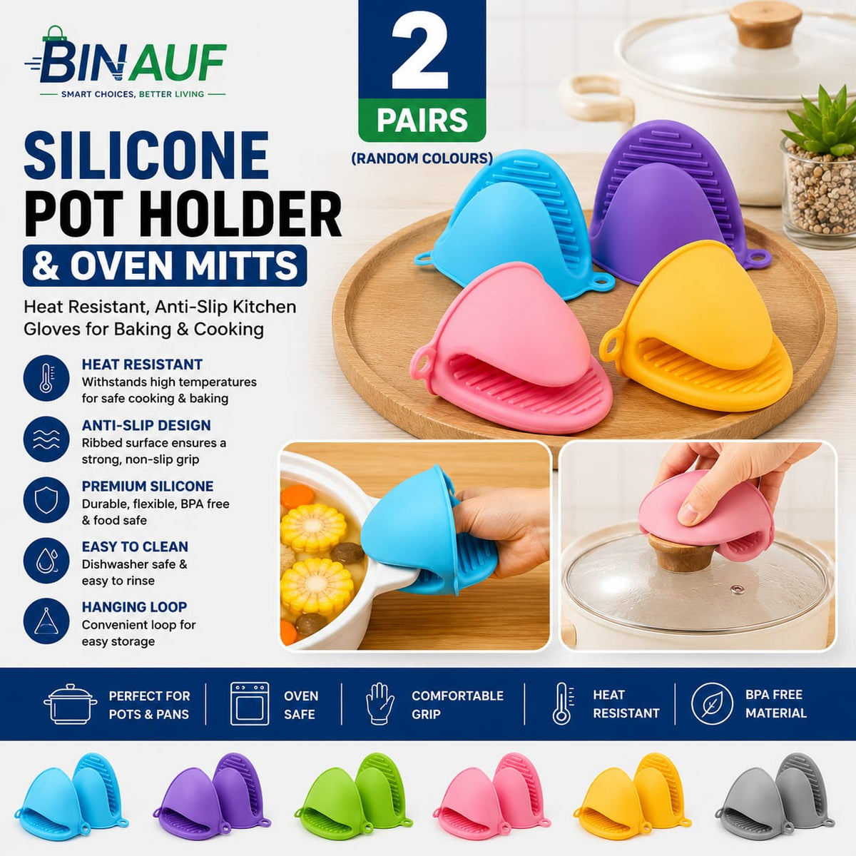 Silicone Pot Holder & Oven Mitts Set | Heat-Resistant Anti-Slip Kitchen Gloves for Cooking & Baking