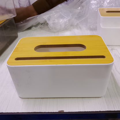 Wooden Cover Plastic Tissue Box with Mobile Phone Holder | Multifunctional Desktop Organizer