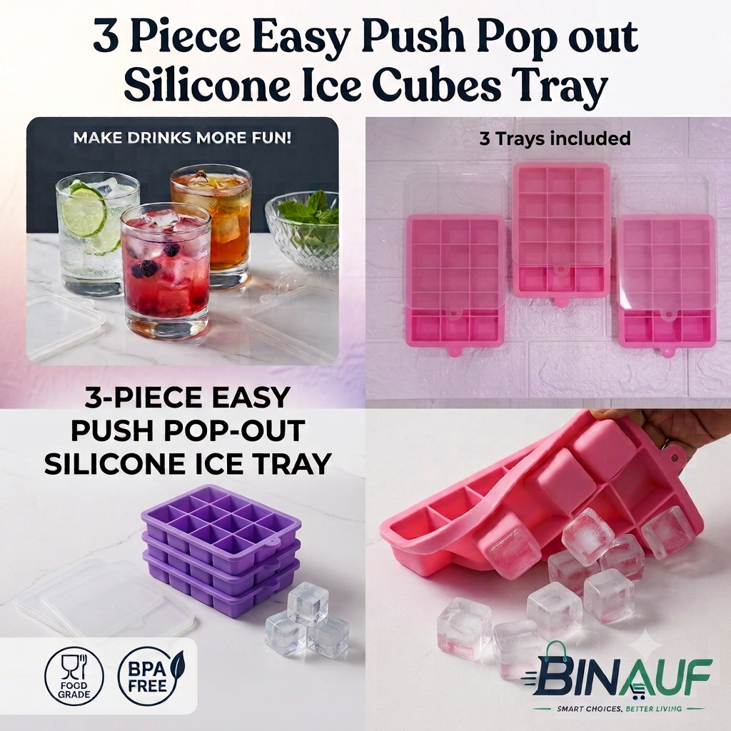 Easy Push Pop-Out Silicone Ice Cube Tray with Lid | 15 Square Flexible Ice Mold (BPA-Free)
