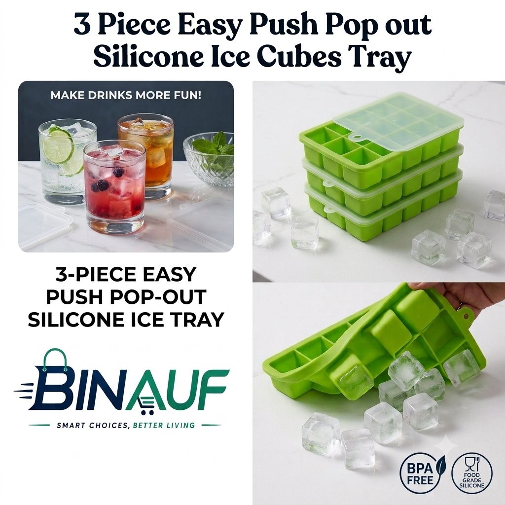 Easy Push Pop-Out Silicone Ice Cube Tray with Lid | 15 Square Flexible Ice Mold (BPA-Free)