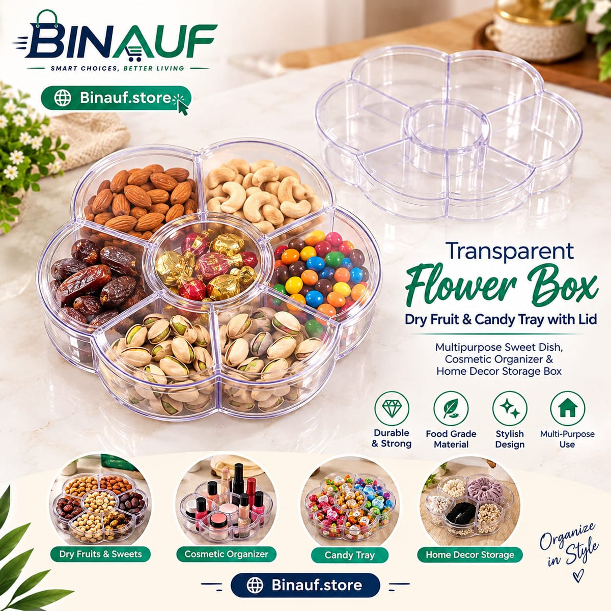 Transparent Flower Box Dry Fruit & Candy Tray with Lid | Multipurpose Organizer
