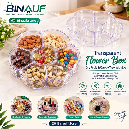 Transparent Flower Box Dry Fruit & Candy Tray with Lid | Multipurpose Organizer
