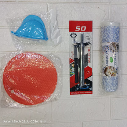 4-in-1 Kitchen Essentials Combo Deal | Gas Lighter, Sufra Roll, Silicone Pot Mat & Holder