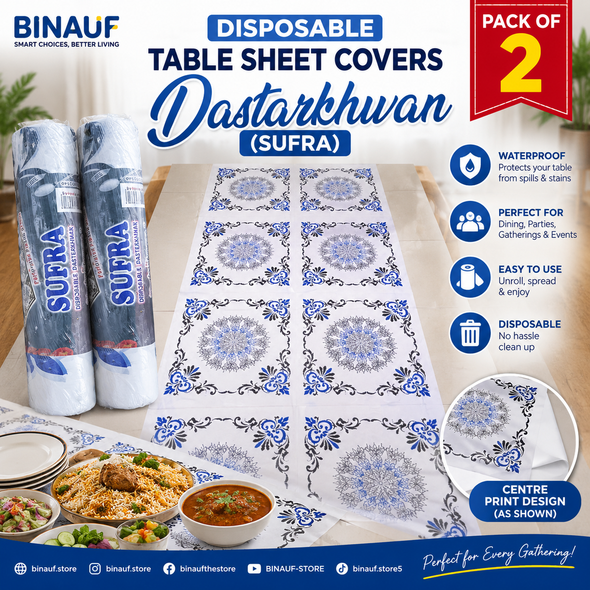 Pack of 50 Disposable Table Sheet Covers | Waterproof Dastarkhwan & Sufra for Dining & Parties