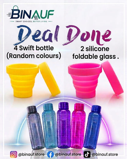 4-Pack Swift Plastic Water Bottles & 2-Pack Silicone Foldable Travel Cups Bundle