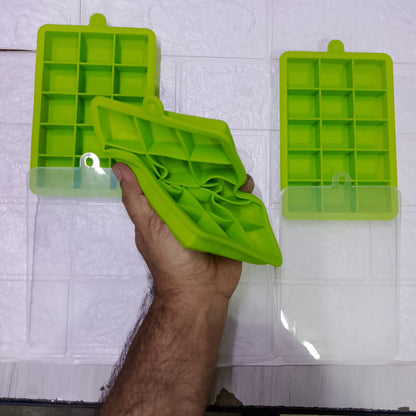 Easy Push Pop-Out Silicone Ice Cube Tray with Lid | 15 Square Flexible Ice Mold (BPA-Free)