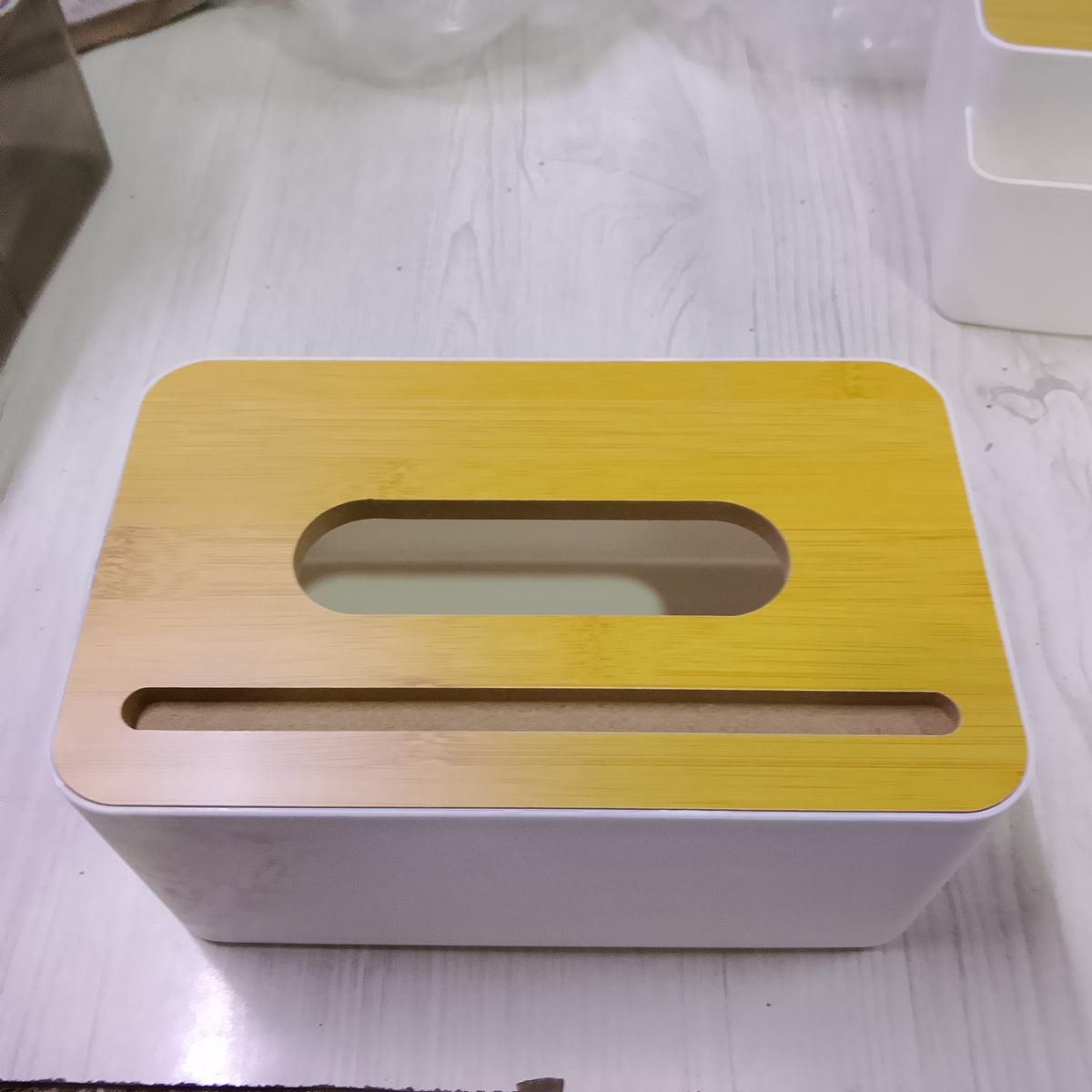 Wooden Cover Plastic Tissue Box with Mobile Phone Holder | Multifunctional Desktop Organizer