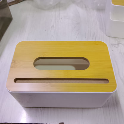 Wooden Cover Plastic Tissue Box with Mobile Phone Holder | Multifunctional Desktop Organizer