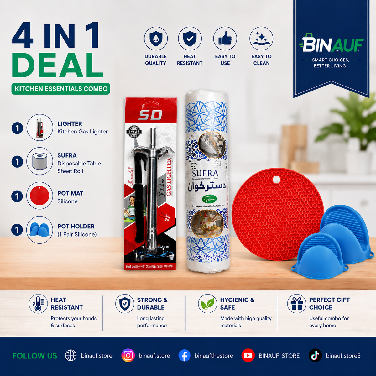 4-in-1 Kitchen Essentials Combo Deal | Gas Lighter, Sufra Roll, Silicone Pot Mat & Holder
