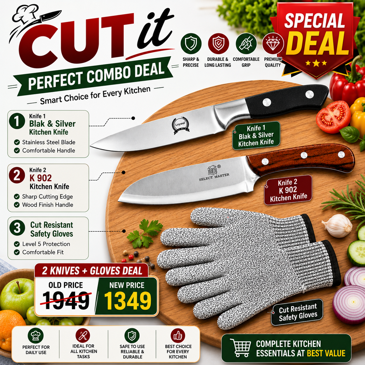 "Cut It" Perfect Kitchen Combo Deal – 2x Premium Knives & Cut-Resistant Safety Gloves Set