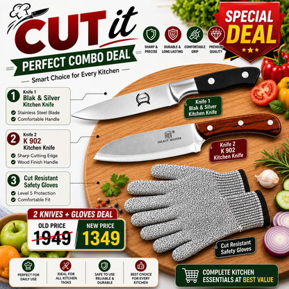 "Cut It" Perfect Kitchen Combo Deal – 2x Premium Knives & Cut-Resistant Safety Gloves Set