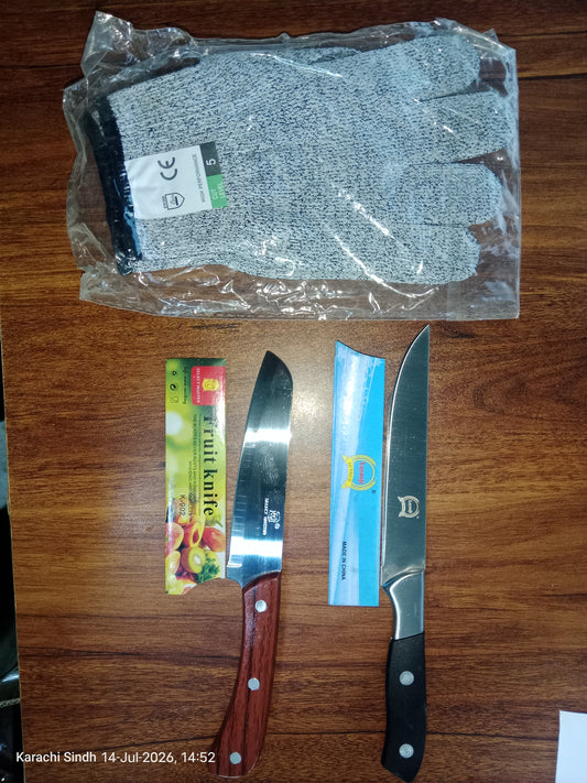 "Cut It" Perfect Kitchen Combo Deal – 2x Premium Knives & Cut-Resistant Safety Gloves Set