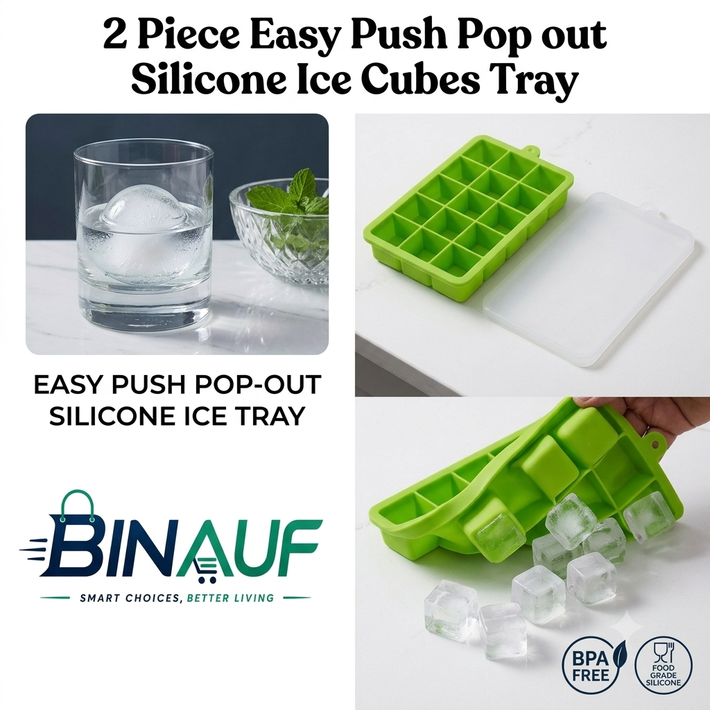 Easy Push Pop-Out Silicone Ice Cube Tray with Lid | 15 Square Flexible Ice Mold (BPA-Free)