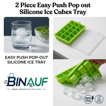 Easy Push Pop-Out Silicone Ice Cube Tray with Lid | 15 Square Flexible Ice Mold (BPA-Free)